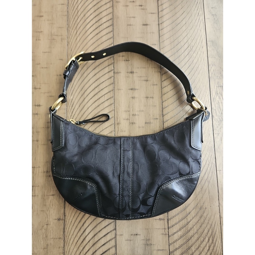 Coach Hobo Bag 11371 Black On Black Jaquard Leather Y2K Crescent C Logo Brass